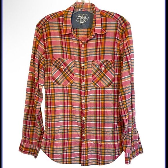 J Crew Shirt Mens Medium red Orange Plaid Madras Long Sleeve Cotton Casual